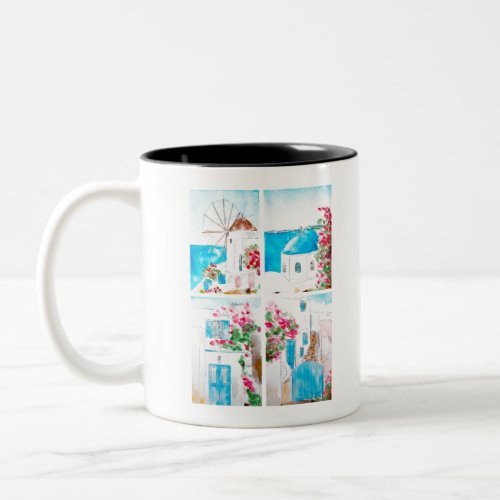 Collage of Greece watercolor painting Two_Tone Coffee Mug