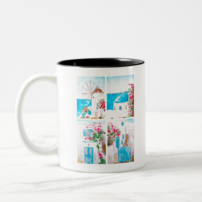 Collage of Greece watercolor painting Two-Tone Coffee Mug (Left)