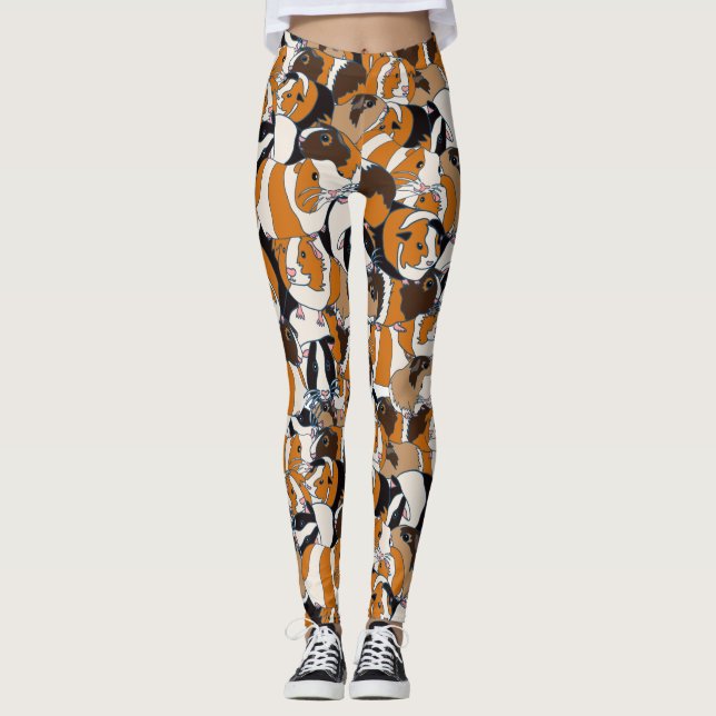 Collage of Guinea Pigs Illustrations Patterned Leggings (Front)