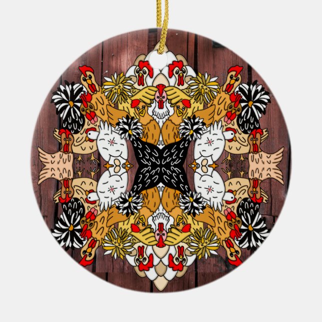 Collage of Hand Drawn Funny Chickens Ceramic Ornam Ceramic Ornament (Front)