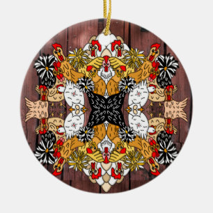 Collage of Hand Drawn Funny Chickens Ceramic Ornam Ornament