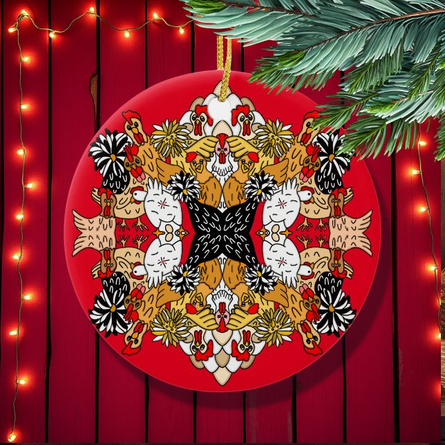 Collage of Hand Drawn Funny Chickens Ceramic Ornament (Creator Uploaded)