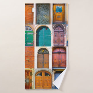 Collage of medieval front doors at Prague, Czech Bath Towel