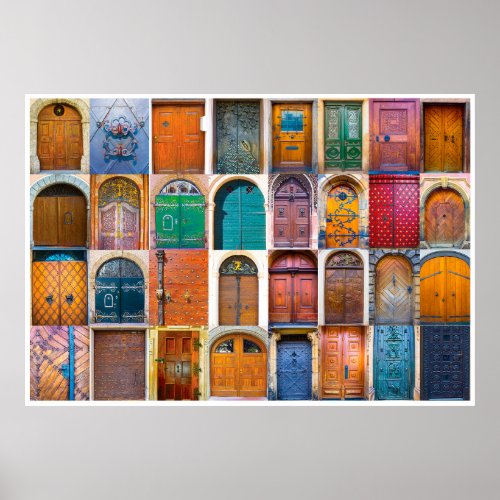 Collage of medieval front doors at Prague  Czech  Poster