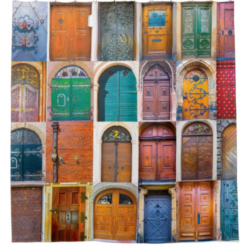 Collage of medieval front doors at Prague  Czech  Shower Curtain