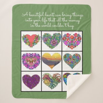 Collage Of Painted Hearts (on Green)  With Quote Sherpa Blanket by PicturesByDesign at Zazzle