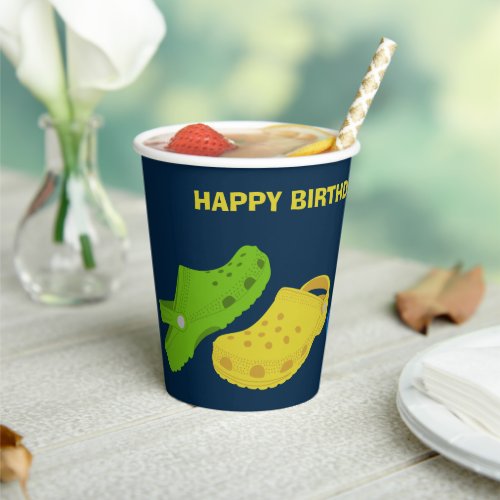 Collage of Plastic Shoes Navy Blue Birthday Party Paper Cups