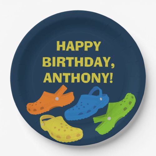 Collage of Plastic Shoes Navy Blue Birthday Party Paper Plates