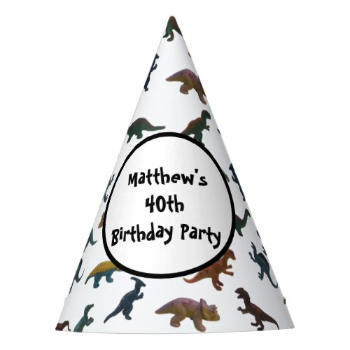 Collage of Plastic Toy Dinosaurs and Your Message Party Hat