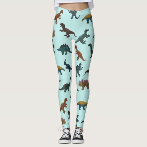 Collage of Plastic Toy Dinosaurs Mint Green Leggings