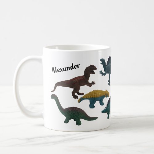 Collage of Plastic Toy Dinosaurs with Name Coffee Mug