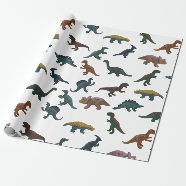 Collage of Plastic Toy Dinosaurs Wrapping Paper (Unrolled)