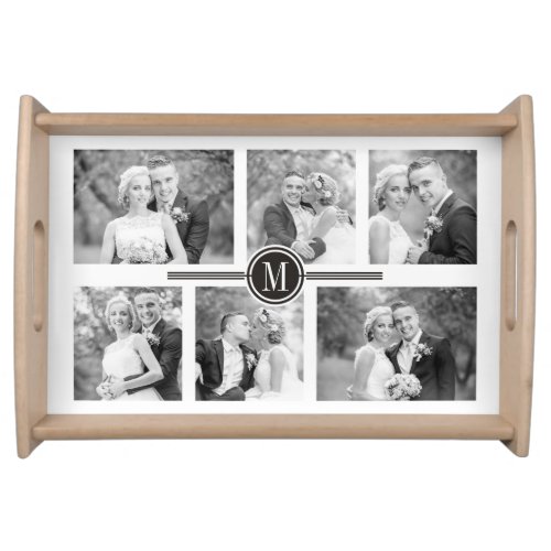 Collage of six wedding photos monogram serving tray