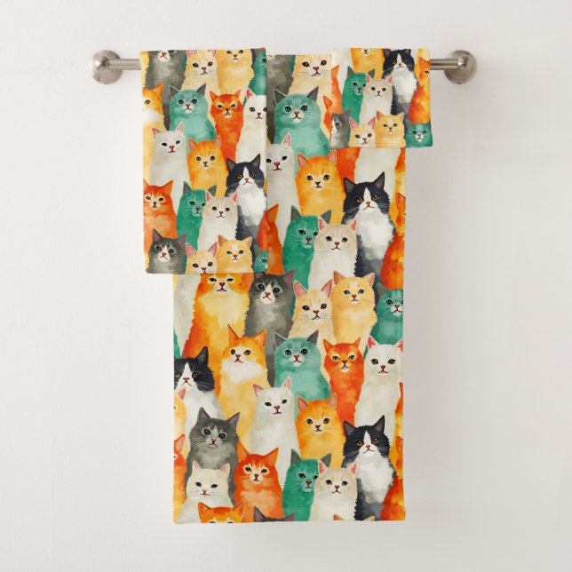 Collage of Watercolor Cats Pattern  Bath Towel Set (Insitu)