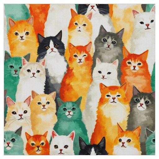 Collage of Watercolor Cats Pattern  Fabric