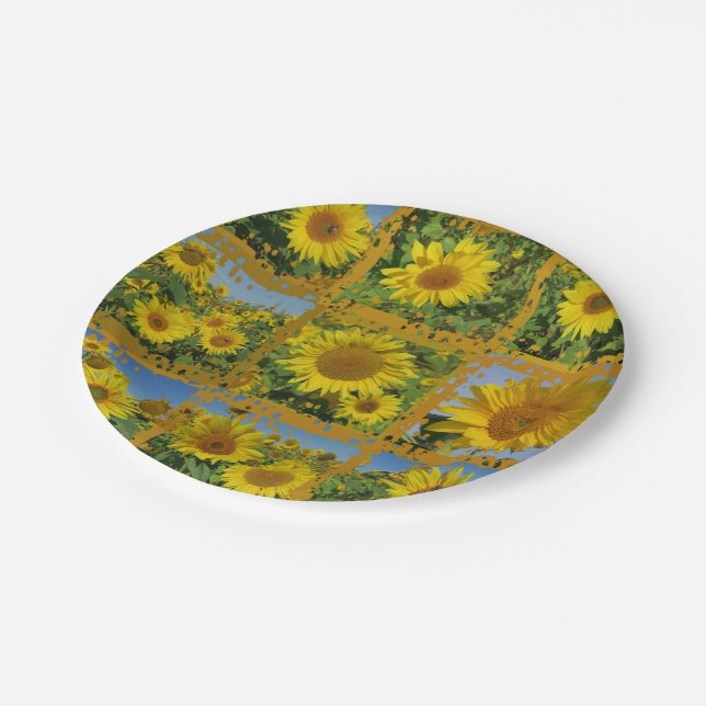 Collage of yellow sunflowers in summer paper plates (Angled)