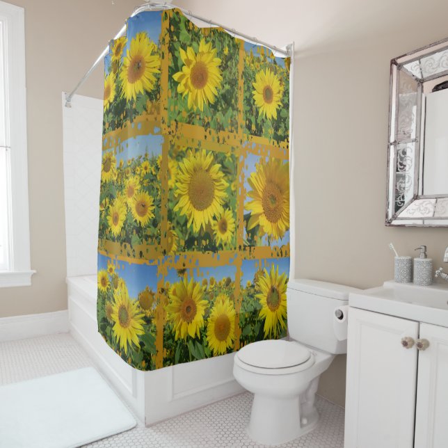Collage of yellow sunflowers in summer shower curtain (In Situ)