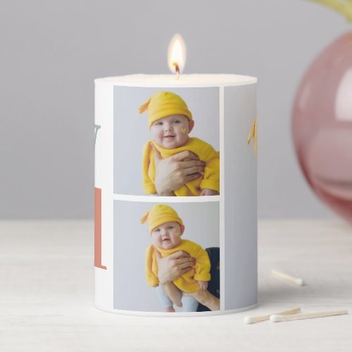 Collage Photo And Colorful Joyful  Holiday Gift Pillar Candle