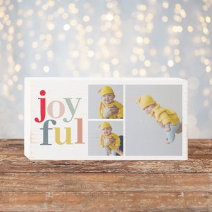 Collage Photo And Colorful Joyful Holiday Gift Wooden Box Sign