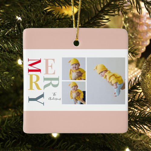 Collage Photo And Colorful Merry  Happy Holiday Ceramic Ornament