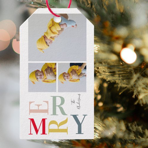 Collage Photo And Colorful Merry  Happy Holiday Gift Tags