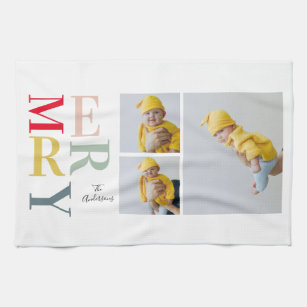 Collage Photo And Colorful Merry   Happy Holiday Kitchen Towel