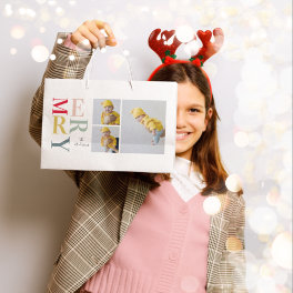 Collage Photo And Colorful Merry Happy Holiday Large Gift Bag