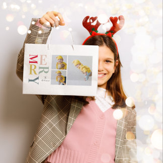 Collage Photo And Colorful Merry | Happy Holiday Large Gift Bag