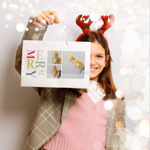 Collage Photo And Colorful Merry  Happy Holiday Large Gift Bag