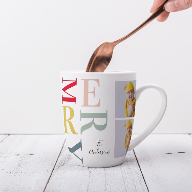 Collage Photo And Colorful Merry | Happy Holiday Latte Mug (Creator Uploaded)