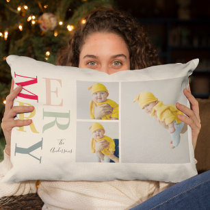 Collage Photo And Colorful Merry   Happy Holiday Lumbar Pillow