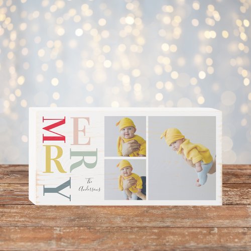 Collage Photo And Colorful Merry  Happy Holiday Wooden Box Sign