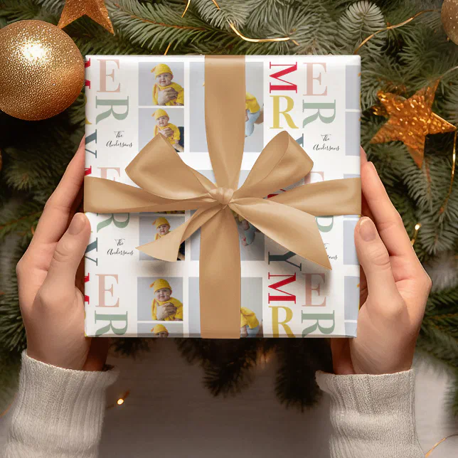Collage Photo And Colorful Merry | Happy Holiday Wrapping Paper
