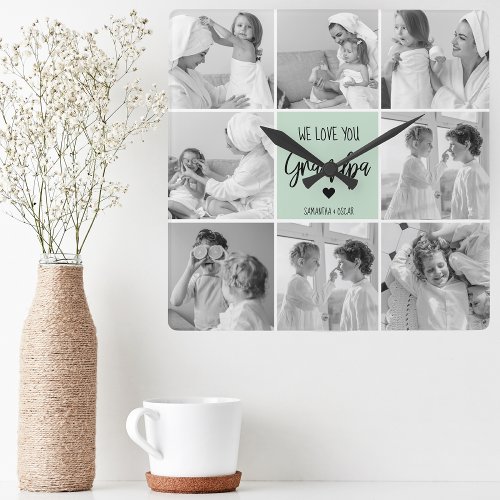 Collage Photo Best Grandpa Ever Pastel Mint Gift Square Wall Clock