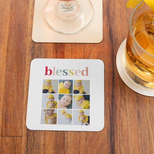 Collage Photo  Colorful Blessed Holiday Gift Glass Coaster