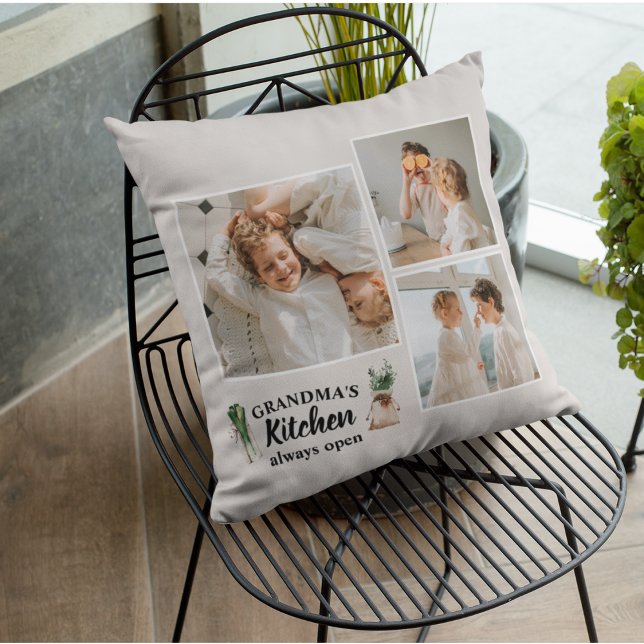 Collage Photo & Grandma Kitchen Is Always Open Outdoor Pillow (Creator Uploaded)