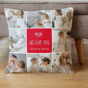 Collage Photo Mom Red We Love You Best Mother Gift Throw Pillow