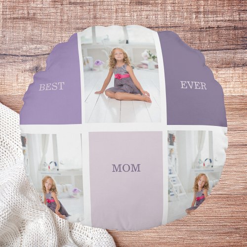 Collage Photo Purple Best Mom Ever Gift Round Pillow