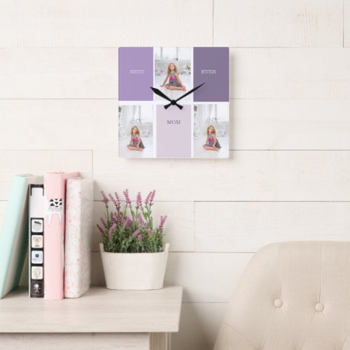 Collage Photo Purple Best Mom Ever Gift Square Wall Clock