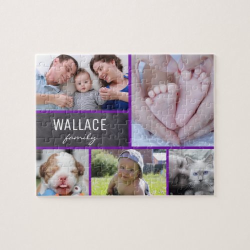 Collage photos family name purple jigsaw puzzle