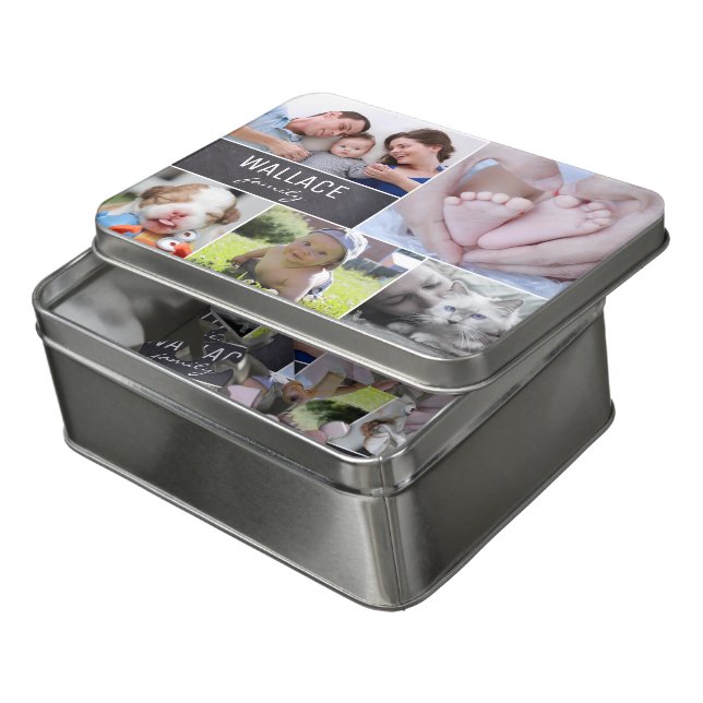 Collage photos with family name 5 pictures jigsaw puzzle (Lid Open)