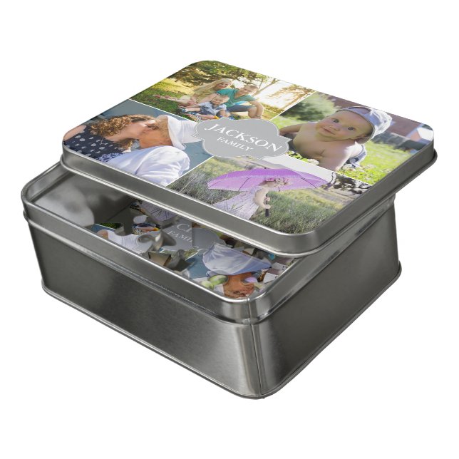 Collage photos with family name multi pictures jigsaw puzzle (Lid Open)