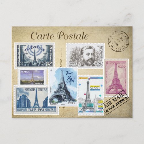 Collage stamps Eiffel Tower Postcard
