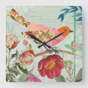 Collage-Style Songbird Square Wall Clock