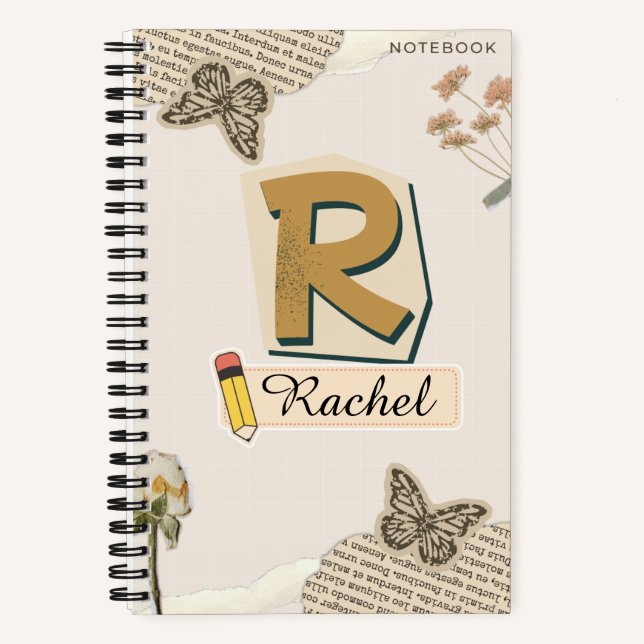 Collage-Style Spiral Notebook with Initial R (Front)
