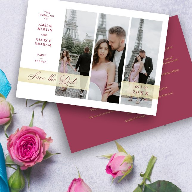 Collage Vertical 3 Multi Photos Elegant Script (Original Collage Vertical 3 Multi Photos Elegant Handwritten Script Save the date Card.)