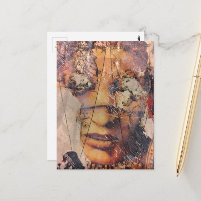 collage with face abstract  mixed media postcard (Front/Back In Situ)