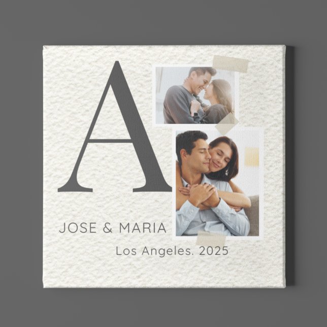 Collaged Initial Stories Acrylic Print (Acrylic wall art with large serif initial, stacked photos, washi tape detail, and charcoal text.)