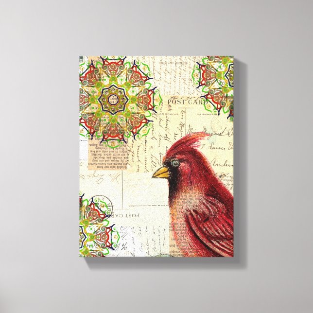 Collaged Old Letters and Cardinal Canvas Print (Front)