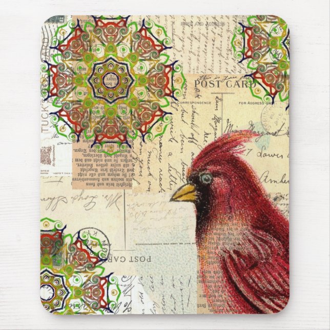 Collaged Old Letters and Postcards with Bird Mouse Pad (Front)